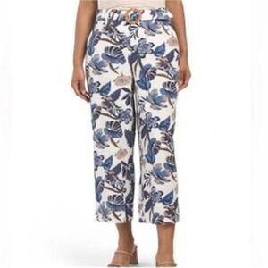 Sigrid Olsen Floral Wide Leg Linen Blend Cropped Pants Belted Womens size 8